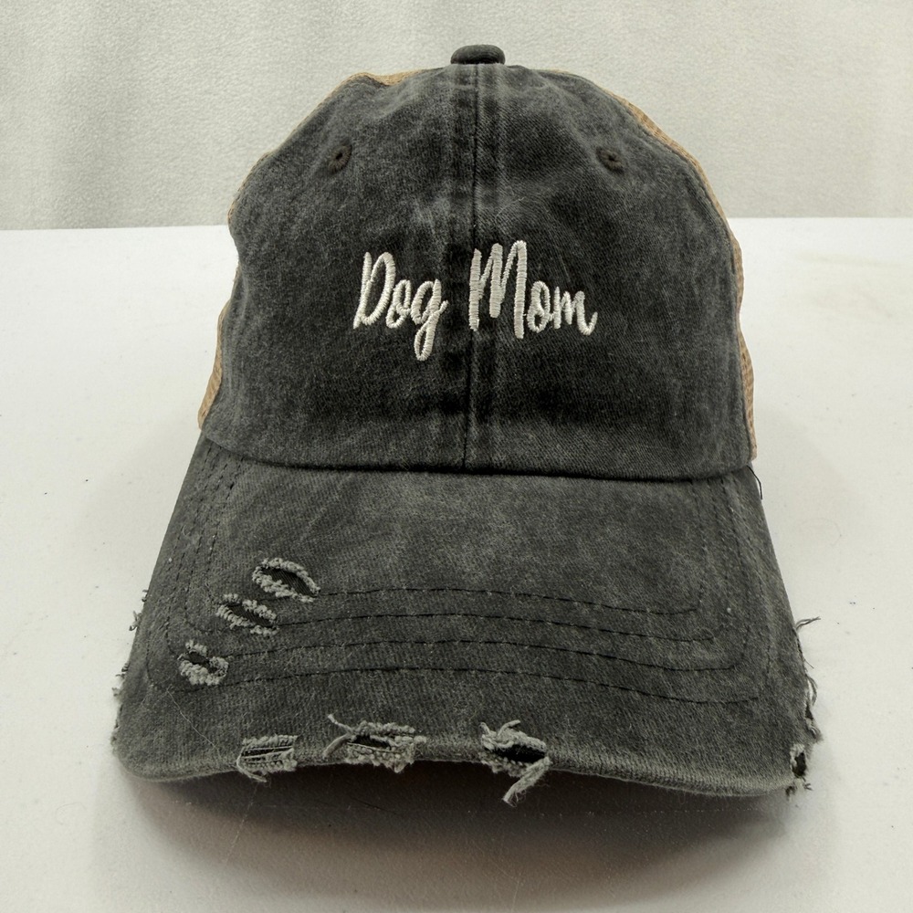 Dog Mom Hat Women OSFM Charcoal Gray Distressed Mesh Trucker Cap Nissi Caps